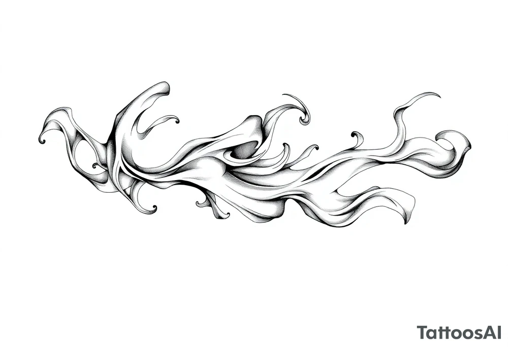 Flowing smoke and flames in blackwork style, fluid line art, tattoo design for forearm or sleeve, negative space, motion effect, sharp curves and swirls tattoo idea