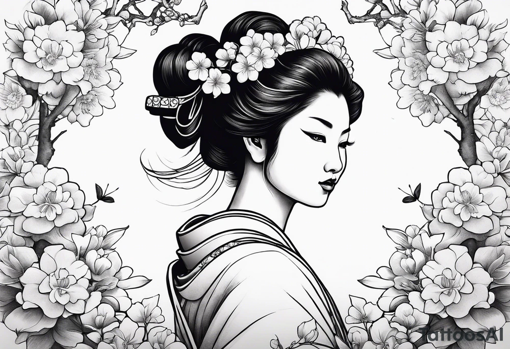 ox with sakura flowers and geisha in the background tattoo idea