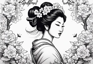 ox with sakura flowers and geisha in the background tattoo idea