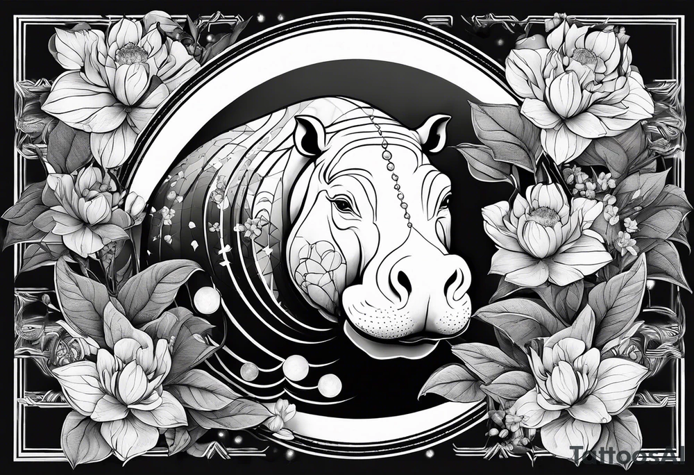 Very asymmetrical, +geometric pattern, with realistic full moon, with seeious looking hippo, +zen feel, + Buddhism touch,
with wintersweet flower bud, +portrait orientation, +inkart touch, tattoo idea