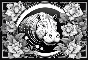 Very asymmetrical, +geometric pattern, with realistic full moon, with seeious looking hippo, +zen feel, + Buddhism touch,
with wintersweet flower bud, +portrait orientation, +inkart touch, tattoo idea