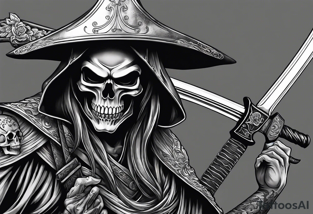 katana with grim reaper and skull tattoo idea