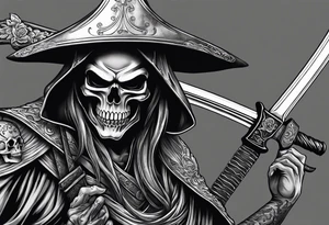 katana with grim reaper and skull tattoo idea