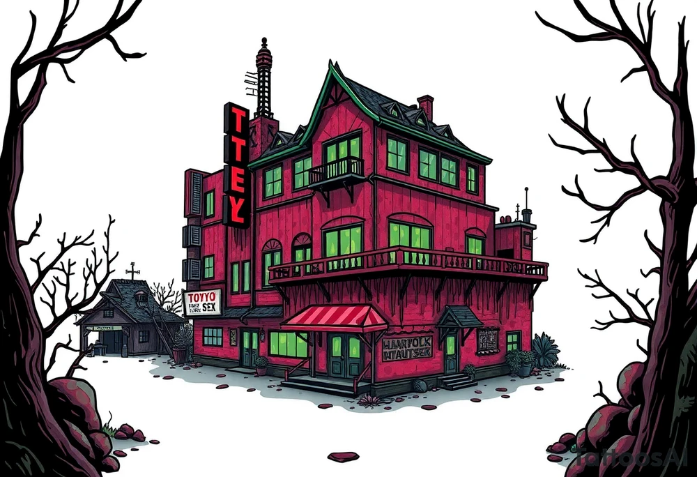 Tim Burton’s Tokyo sex hotel from outside viewis abandoned and dripping with muted reds, dusty pinks, and eerie green glow. tattoo idea tattoo idea