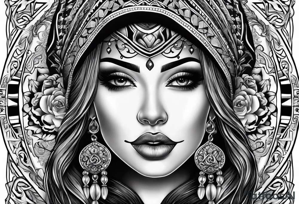 Chicano stijlVrouw met slangen in haar haar en een vrouwe justitie weegschaal in haar hand tattoo idea