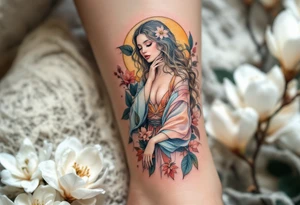 Alfons Mucha’s seasonal spirit in flowing pastel robes, surrounded by blooming magnolias and muted earth tones. tattoo idea