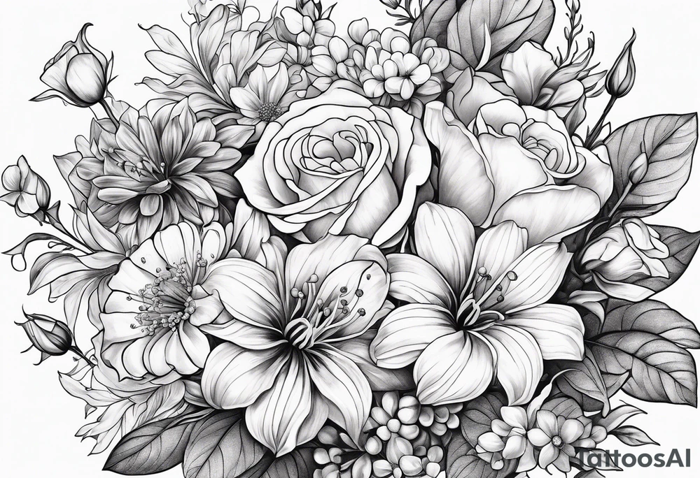 Bouquet of roses, violets, chrysanthemums, morning glories, and lily of the valley tattoo idea