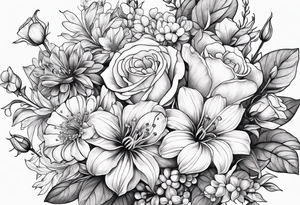Bouquet of roses, violets, chrysanthemums, morning glories, and lily of the valley tattoo idea