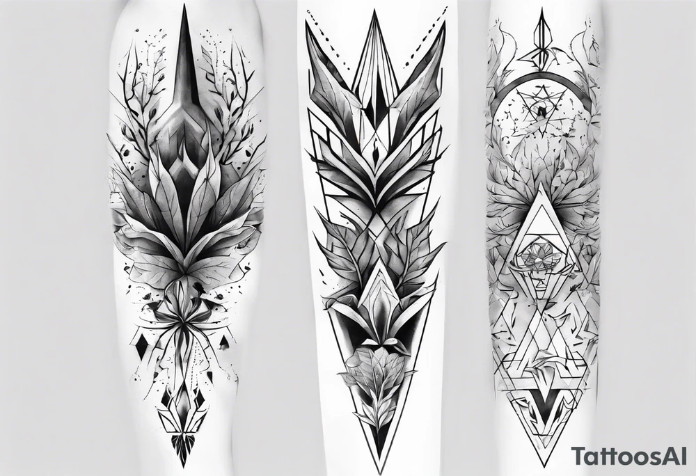 full arm tattoo. scary pointy leaves combined with geometric shapes. whole arm tattoo idea