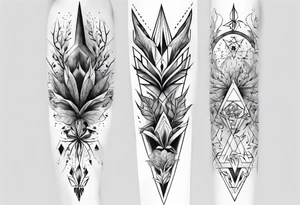 full arm tattoo. scary pointy leaves combined with geometric shapes. whole arm tattoo idea