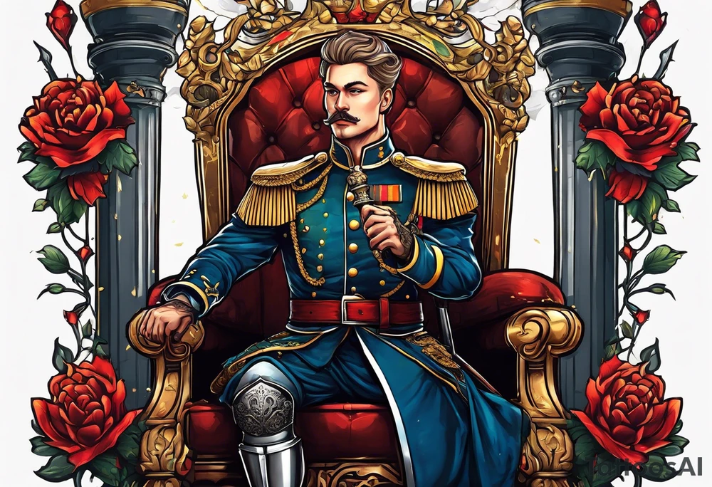 a german prince is dressed as a solider and sitting on a throne with a sceptor in one hand and a knife in the other tattoo idea