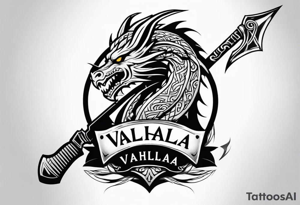 Valhalla sword dragon head axe tattoo idea