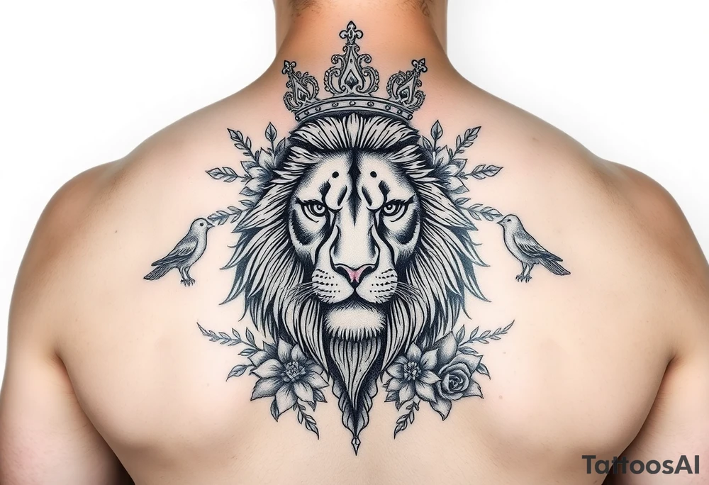 powerful majestic lion with a crown, surrounded by floral ornaments and birds tattoo idea