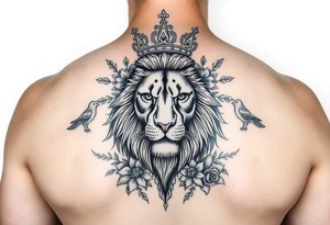 powerful majestic lion with a crown, surrounded by floral ornaments and birds tattoo idea