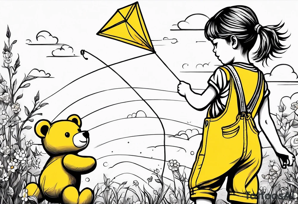 back image of a little girl flying a kite with a teddy bear in yellow overalls standing beside her tattoo idea
