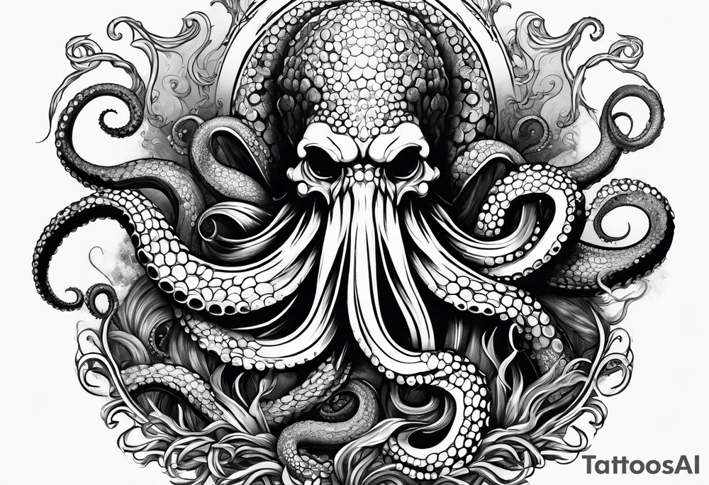 Kraken octopus wrapping tentacles Poseidon thrusting trident stormy sea tattoo idea