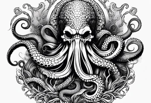 Kraken octopus wrapping tentacles Poseidon thrusting trident stormy sea tattoo idea