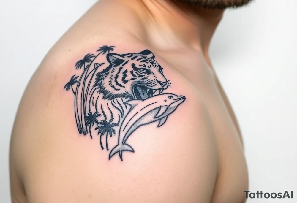 fierce tiger emerging through the trees with a jumping dolphin and palm trees underneath it tattoo idea