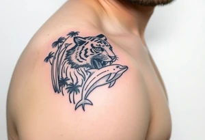 fierce tiger emerging through the trees with a jumping dolphin and palm trees underneath it tattoo idea