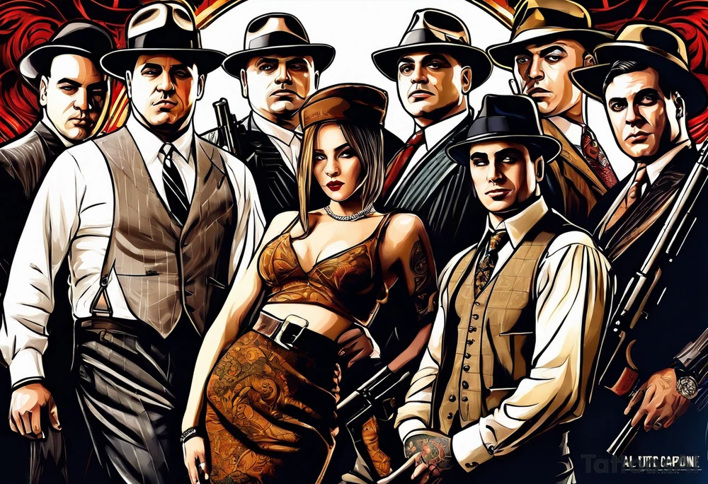 group of gangsters  with bonnie & clyde with Al Capone and machine gunns with smoke and fire and sexy females tattoo idea