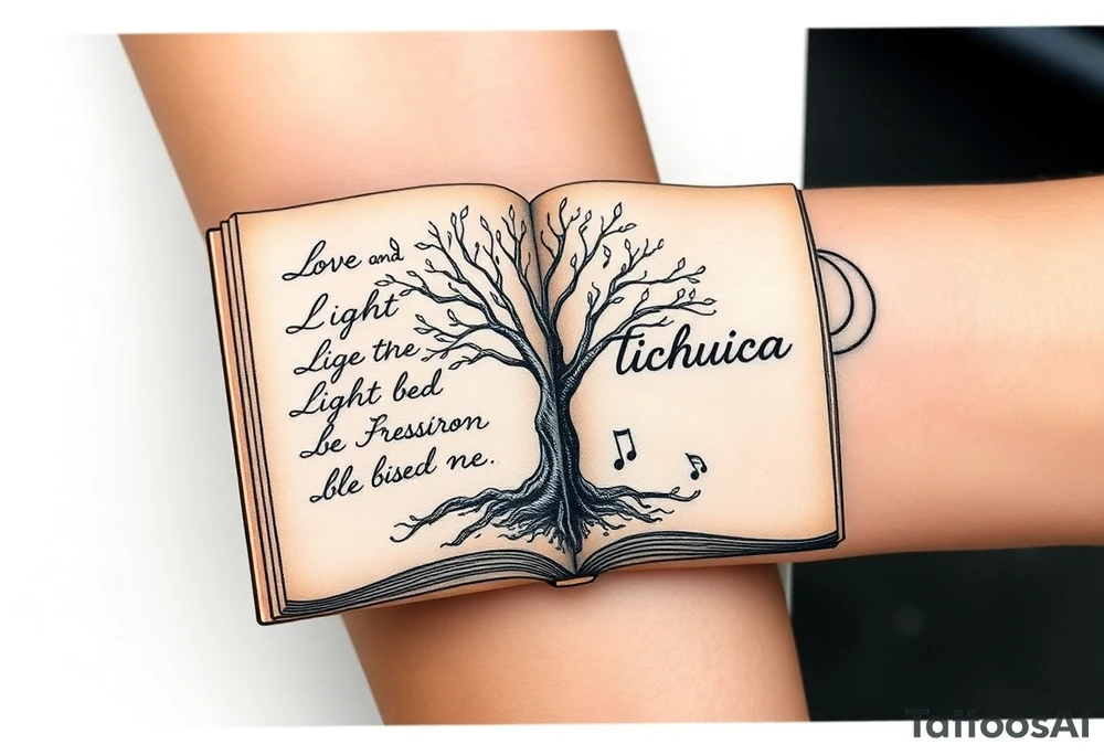 I want an open book and scripted on the left side of the pages and love and light blessed be on the right side of the pages the name tichica with the tree of life growing through the pages music notes dancing around it a crescent moon on the right side with a starry night background and dark clouds tattoo idea