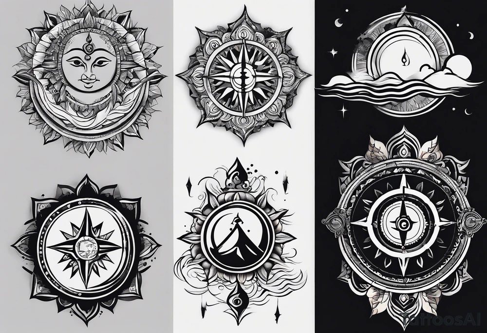 incorporating symbols of travel like a compass or a world map, alongside imagery that represents joy and happiness, such as a smiling sun or playful clouds? These elements can complement Lord Shiva in a dynamic and uplifting tattoo design, reflecting your adventurous spirit and positive outlook on life. tattoo idea