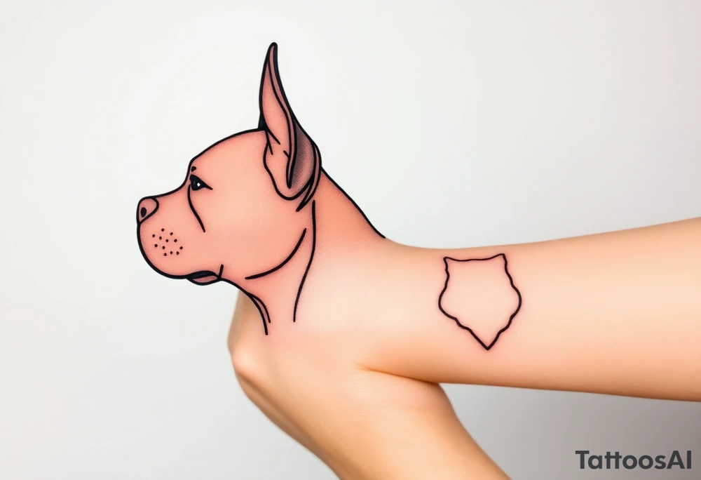outline of pitbull ears, next to the outline of austrailian cattle dog ears, as they look off into the sunset tattoo idea