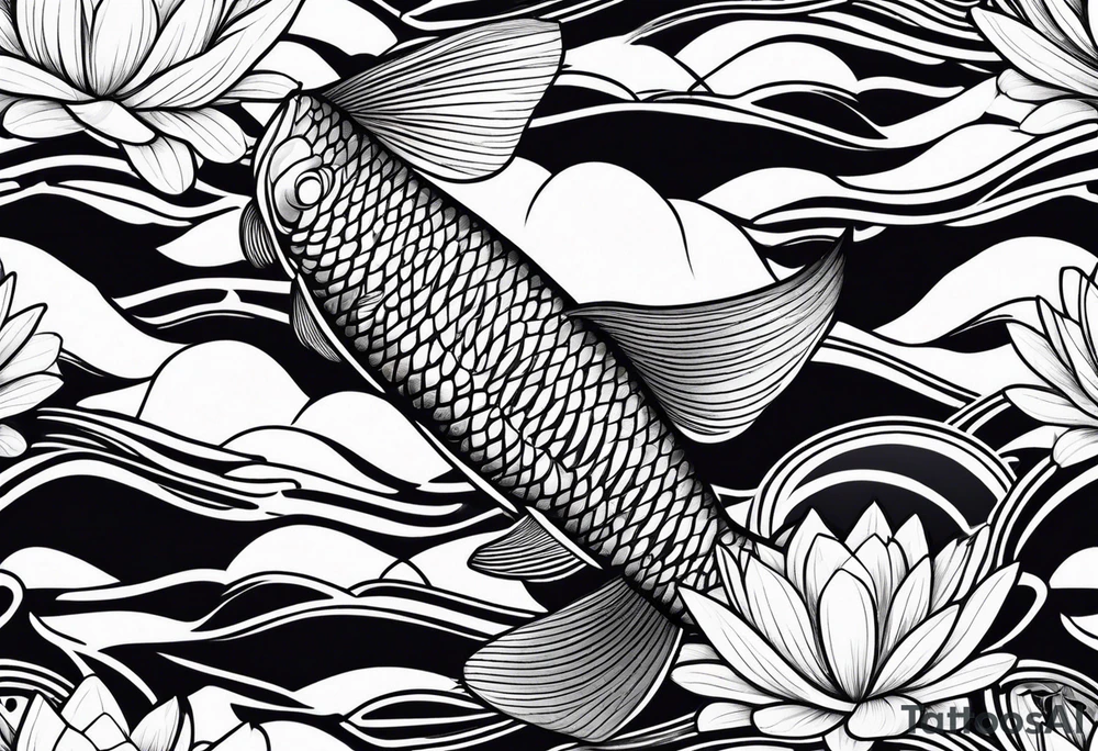 Arowana fish in waves with lotus tattoo idea