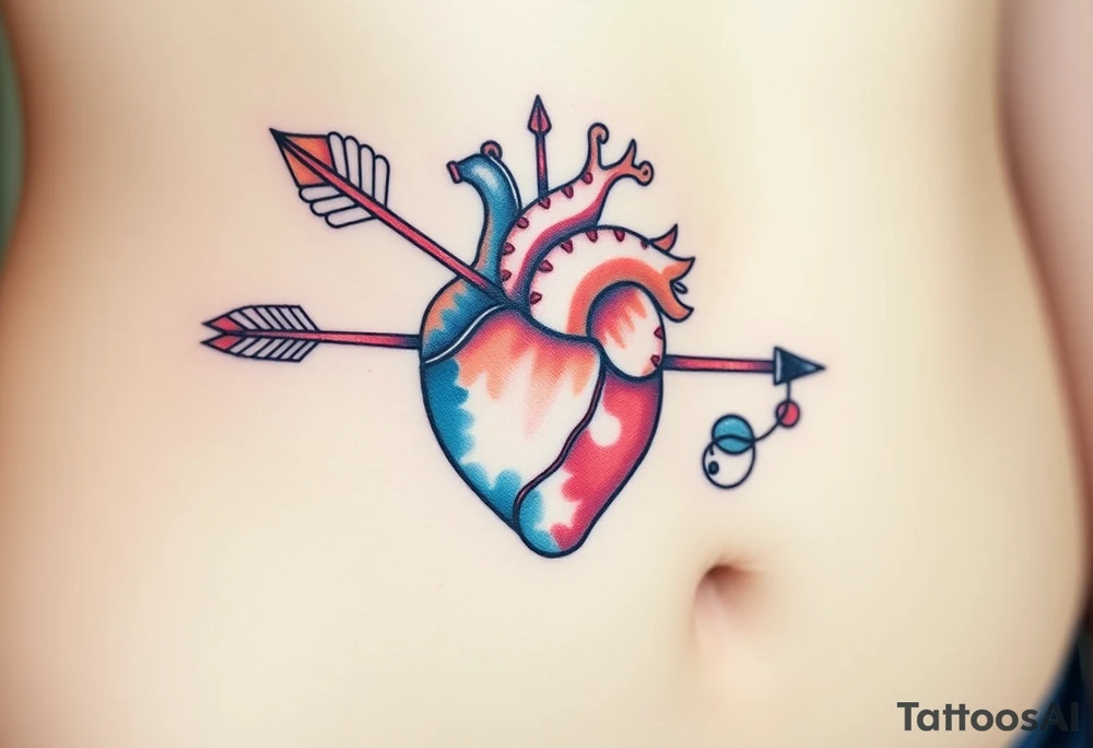 anatomical heart pierced by ornate arrow with flowing ribbons tattoo idea