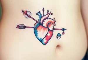 anatomical heart pierced by ornate arrow with flowing ribbons tattoo idea