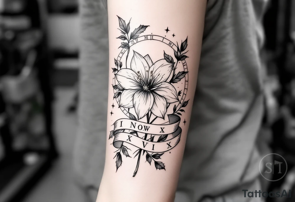 narcissus flowers and holly with 2 bands with roman numerals around them tattoo idea