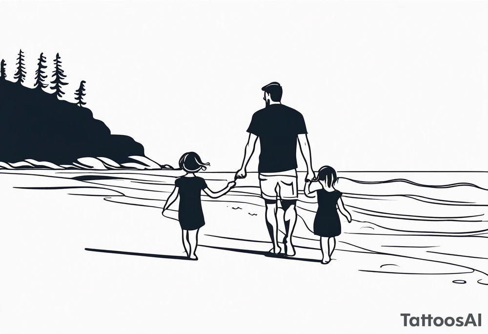 Single line tattoo of a dad and his two toddler daughters holding hands by the ocean tattoo idea