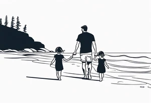 Single line tattoo of a dad and his two toddler daughters holding hands by the ocean tattoo idea