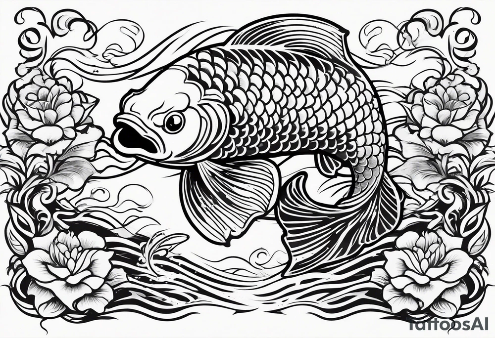 koi fish in pond on white background, black and white, intricate Polynesian tattoo, for laser engraving tattoo idea