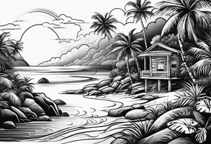 beach landscape on upper arm with palm trees tattoo idea