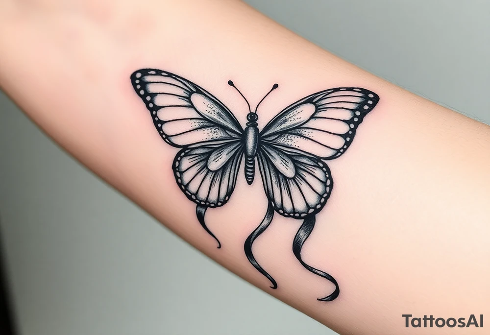 ethereal butterfly with flowing silk ribbons in moonlight tattoo idea