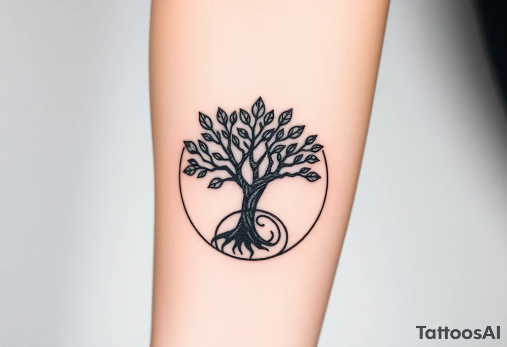 Tree with few leaves encircled in a spiral circle starting from the center of the tree tattoo idea