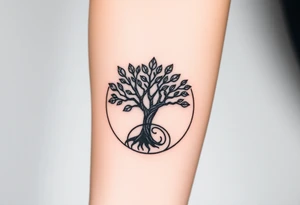 Tree with few leaves encircled in a spiral circle starting from the center of the tree tattoo idea