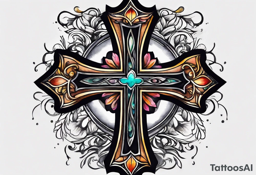 black cross with watercolor backgound tattoo idea