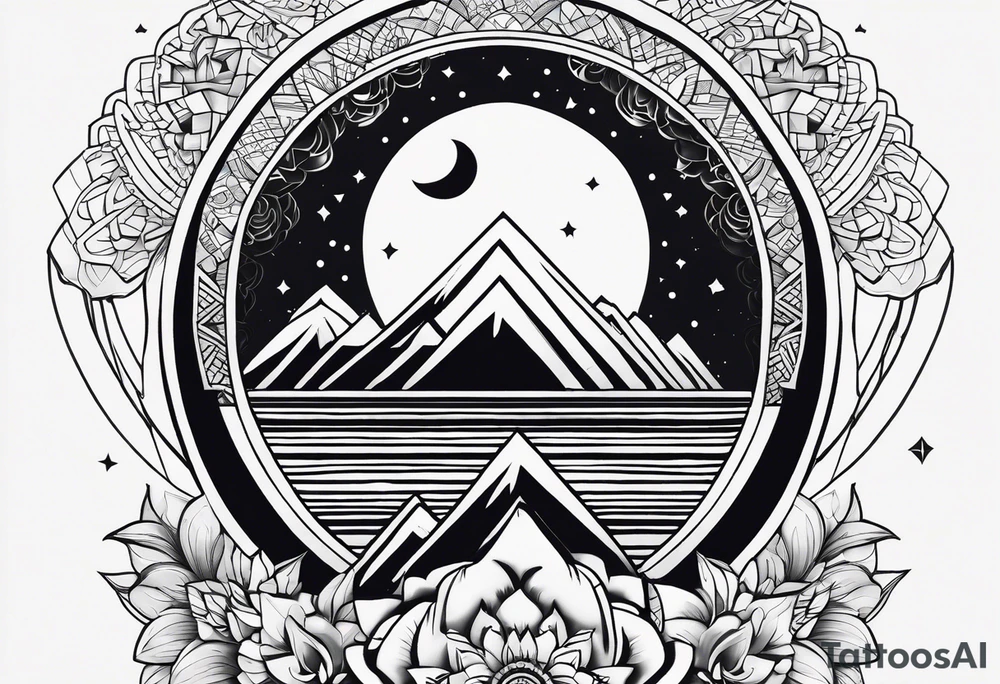 Rectangular arm tattoo around whole upper arm. Mandala inspired Design. Mountains, sea, Sky and moon are depicted. But everything seems to be upside down tattoo idea