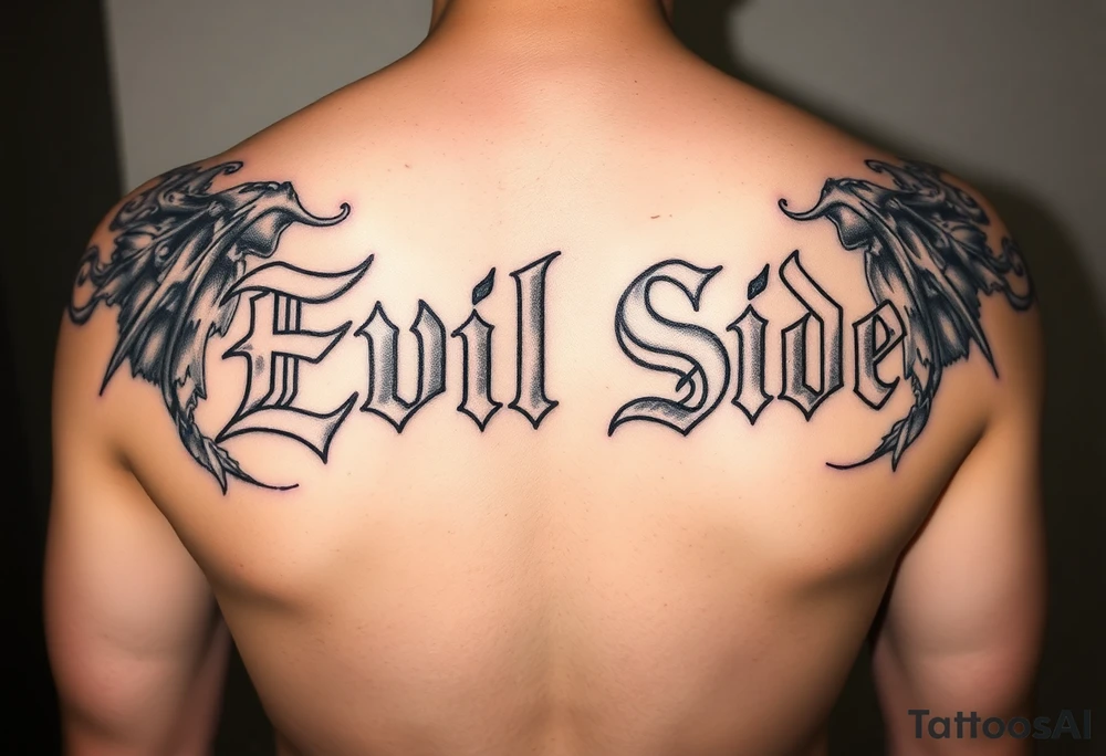 powerful bold cover up saying Evil Side black and white with shading and smokearound it tattoo idea