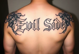 powerful bold cover up saying Evil Side black and white with shading and smokearound it tattoo idea