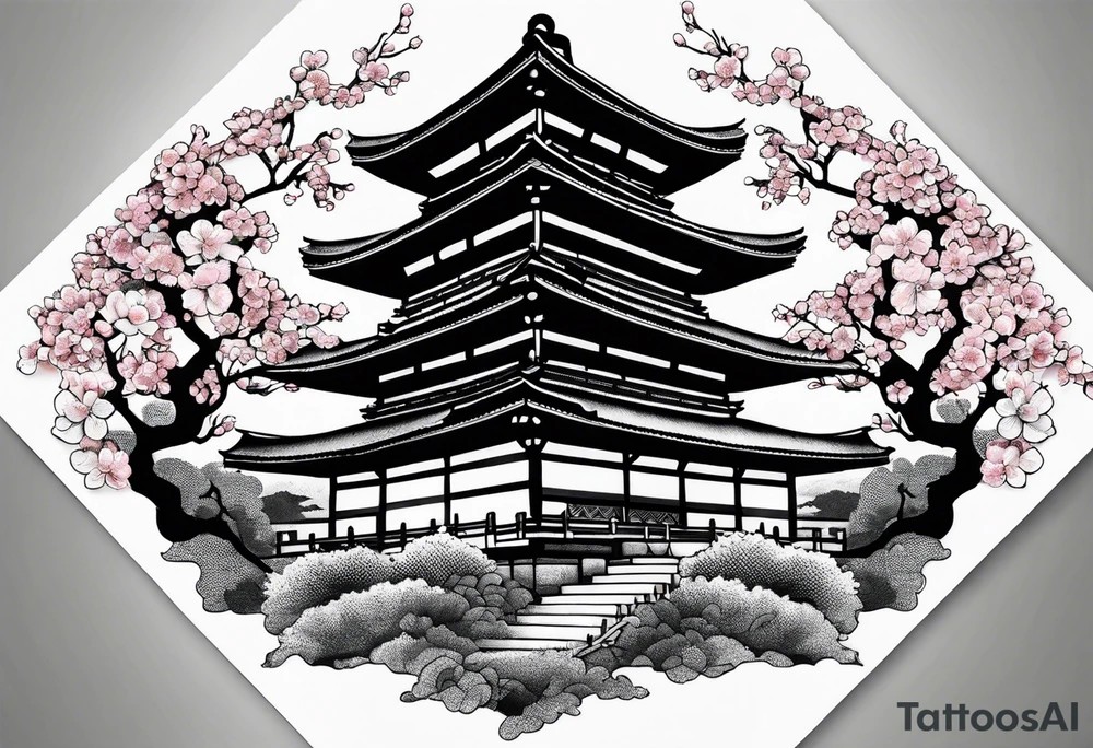 Cherry blossom leaves surrounding a japanese temple tattoo idea