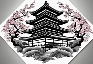 Cherry blossom leaves surrounding a japanese temple tattoo idea