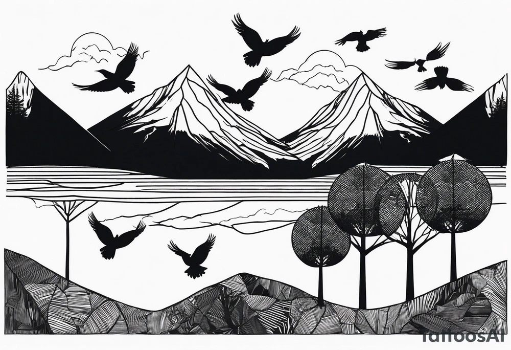 A mountain scape with trees. 5 silhouettes of birds.  All black tattoo idea