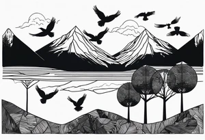 A mountain scape with trees. 5 silhouettes of birds.  All black tattoo idea