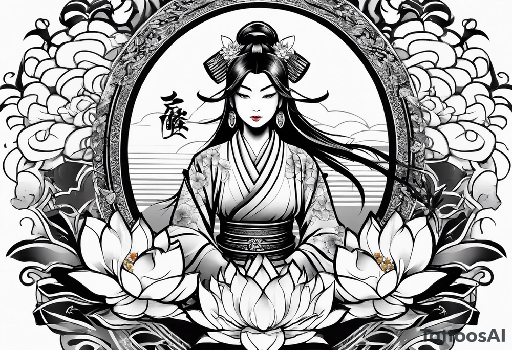 female samurai lotus flowers neotribal tattoo idea