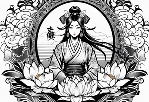 female samurai lotus flowers neotribal tattoo idea