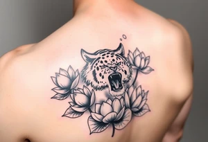 fierce tiger emerging through blooming lotus flowers in mist tattoo idea