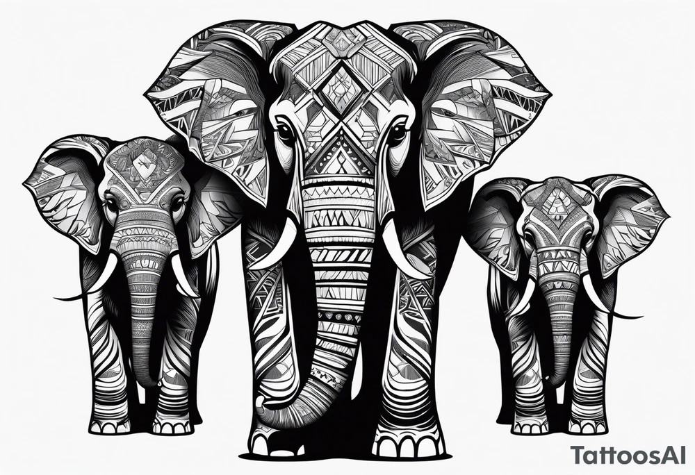 Mama tribal elephant facing forward. 2 girl baby elephants with bows sitting down and 1 baby boy elephant with bow tie sitting down tattoo idea